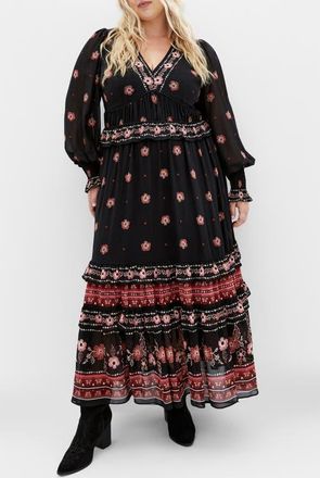 City Chic Cameron Long Sleeve Maxi Dress in Border Print at Nordstrom, Size Xxs