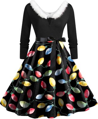 Generic Christmas Dress Womens V Neck Long Sleeve Winter Dress Elegant Perfect Party Printed Xmas Costume Swing Dresses Womens Christmas Sweatshirt Outfits Sw