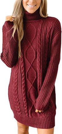 Generic Women Winter Autumn Solid Color Roll Neck Jumper Dress Fashion Long Sleeve Cable Knitted Pullover Dress Casual Loose Knit Mini Dress Basic Sweater Dre