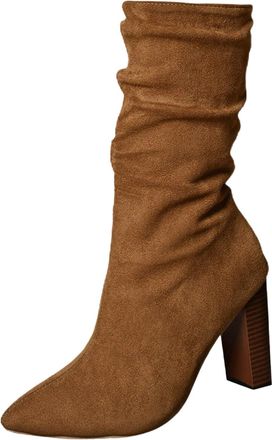 Generic Winter Large Size Womens Mid Calf Boots with Solid Flock Pointed Toe and Thick High Heels for Ultimate Comfort Slip On Design (Brown, 4. 5)