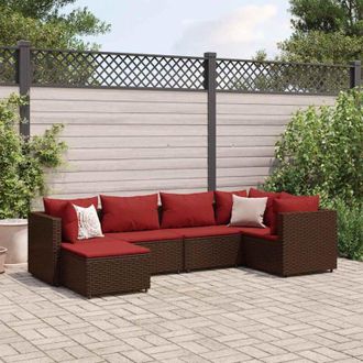 vidaXL Set Muebles De Jard&iacute;n 6 Piezas Y Cojines Rat&aacute;n Sint&eacute;tico Marr&oacute;n Vidaxl