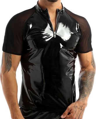 Feoya Mens Leather Shirt Top Slim Fit Wetlook Party Disco Blouse T-Shirt