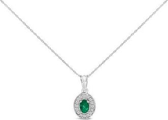 House of Brilliance 14K White Gold Oval 6x4 MM Green Emerald and Diamond Halo Pendant Necklace at Nordstrom