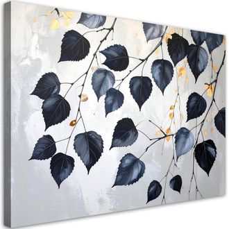 Feeby Cuadro Sobre Lienzo Hojas Negras De Abedul Sobre Fondo Gris 100x70