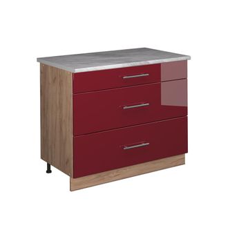 Vicco Mueble Bajo De Cocina Fame-line, Rojo Burdeos Alto Brillo/roble Dorado, 100 Cm, Et M&aacute;rmol, Vicco