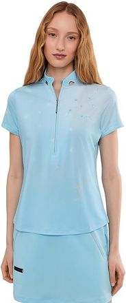 Jamie Sadock Happy Heart Top Short Sleeve Zip Neck Womens Clothing Blue : SM, Polyester/Spandex