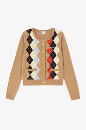 Ganni Beige Argyle Print Cardigan - Size XXS Wool