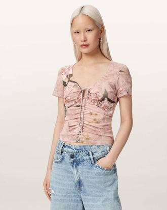 AllSaints Polyester Gabby Slim Fit Floral Mesh Top, Size: UK 14/US 10