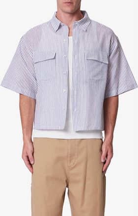 mnml Stripe Crop Boxy Short Sleeve Button-Up Shirt in Blue at Nordstrom, Size Xxx-Large