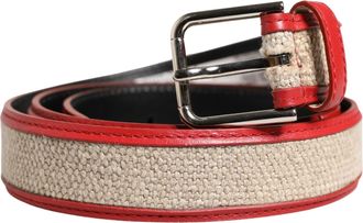 Dolce & Gabbana Men Beige Red Woven Leather Metal Buckle Belt Linen Calf