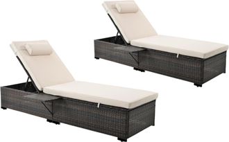 Concept Usine Lote de 2 tumbonas de coj&iacute;n de resina tejida beige con repisa lateral