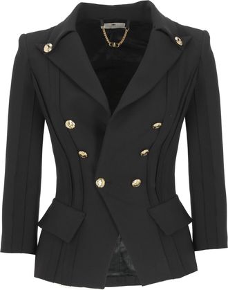 Elisabetta Franchi Black Double-Breasted Logoed Blazer