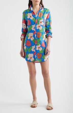 Frank & Eileen Mary Classic Long Sleeve Shirtdress in Bright Blue Floral at Nordstrom, Size X-Small
