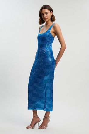 Karen Millen Crystal Embellished Jersey Midi Dress in Blue at Nordstrom, Size Medium