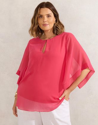 Live Unlimited London Womens Coral Keyhole Overlay Blouse - Pink/Orange/Red - Size: 18