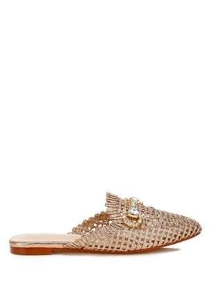 Ex&eacute; Womens Bedazzled Woven Mule Slides Shoe In Gold