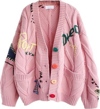 Generic Pink Cardigans for Women Uk, Loose Fit V Neck Button Down Chunky Cable Knit Sweater Cardigan with Pockets, Colourful Embroidery Ladies Knitwear for Au