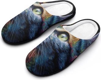 Generic Colorful Cat with Butterfly Mens House Slippers Memory Foam Washable Cotton Slip on Home Shoes