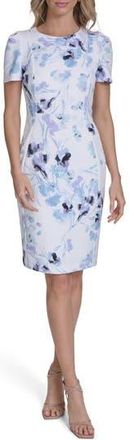 Calvin Klein Short Sleeve Sheath Dress in Ivory /Lilac at Nordstrom Rack, Size 10