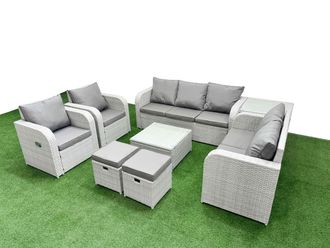 Fimous PE Rattan Garden Furniture Set Adjustable Chair Sofa Double Love Seat 2 Seater Sofa Lounge Set Square Coffee Table 2 Stools Side Table Light