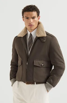 Brunello Cucinelli Waxed techno cotton bomber jacket with Thermore padding and detachable shearling collar in Dark Grey at Nordstrom, Size 46