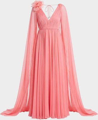 Mac Duggal Cape-Sleeve Chiffon Gown