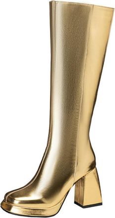 Generic Womens Square Toe Platform Long Boots PU Leather Knee High Boots with Side Zipper Chunky High Heel Party Prom Shoes,Gold,3.5 UK