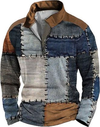 Generic Patchwork Jacket Men Boho Jacket Men Hippy Festival Sweatshirt Without Hood Jumper Half Zipper Sweater National Wind Printing Pullover Ethnic Printed 
