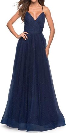 La Femme Rhinestone Tulle Ballgown with Slit and Lace Up Back in Navy at Nordstrom, Size 10
