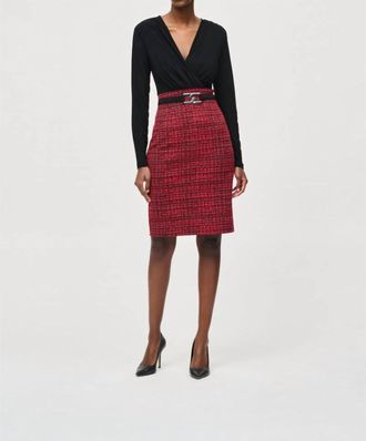 Joseph Ribkoff Surplice Belted Plaid Sheath Dress In Black/red