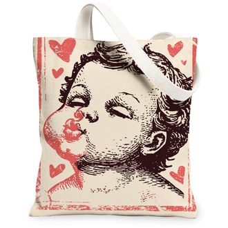 Generic Vintage Artistic Canvas Tote Bag, Heart Pattern Reusable Grocery Bags, Lightweight Washable Shoulder Strap Canvas Bags for, Beige, 13x15 Inch