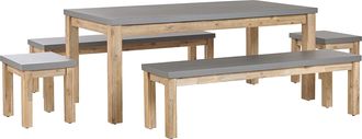 Beliani Conjunto De Jard&iacute;n De Cemento Reforzado Gris Madera De Acacia Clara Mesa De 8 Plazas 2 Bancos 2 Taburetes Para Exteriores Industrial Moderno Ostuni