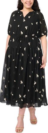 CeCe by Cynthia Steffe Print Tie Waist Midi Dress in Rich Black at Nordstrom, Size 3X