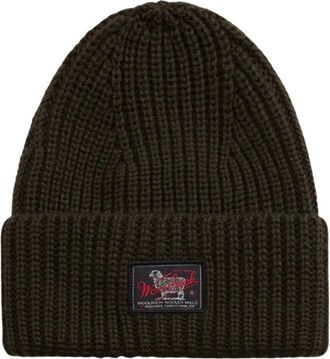 Woolrich Ribbed Wool-Blend Beanie met Patch - unisex - Accessoires - Groen - Maat: L Wol