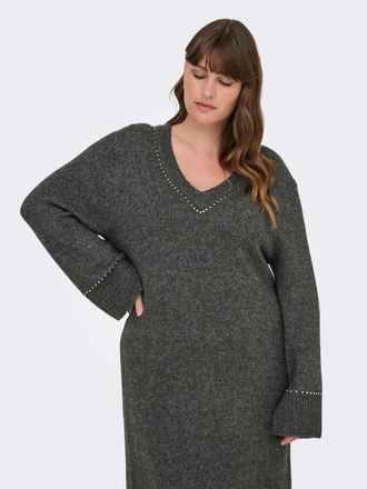 Only Carmakoma Strickkleid ONLY CARMAKOMA CARELSIE LS STUDS DRESS KNT, Damen, Gr. XL, N-Gr, silber (medium grau melange detail:silber studs), Strick, Obermaterial: 7