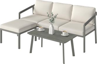 OUTSUNNY Conjunto De Muebles Jard&iacute;n Exterior De 3 Piezas Con Sof&aacute; De 3 Plazas, Reposapi&eacute;s, Mesa Centro De Listones Y Cojines, Marr&oacute;n Y Beige