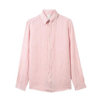 Brooks Brothers Slim Fit Gestreept Linnen Overhemd met knoopsluiting - Heren - Casual Overhemden - Roze - M - Linnen - Overhemden