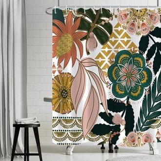 OEM Cortinas De Ducha Estilo Bohemio - 180 X 180 Cm - Con Gancho De Pl&aacute;stico - Para Ba&ntilde;o Y Aseo - Flores Verdes Y Hojas Rosas - Poli&eacute;ster