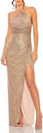 Mac Duggal Sequin Halter Neck With Thigh High Slit Gown in Copper at Nordstrom, Size 12