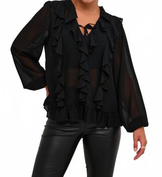 Kaffe Kaninna V-Neck Ruffles Chiffon Blouse In Black Deep
