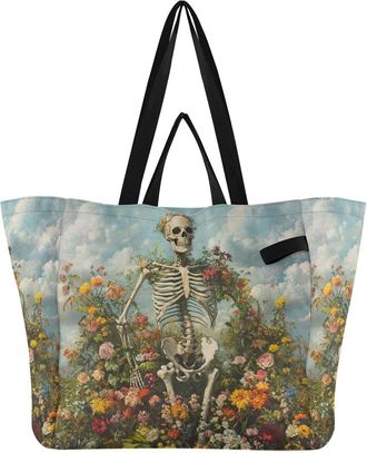 Generic Yellow Floral Skeleton print Reusable Canvas Tote Bag, Heavy Duty Grocery Shopping Bag with Large Capacity Double Handles Hard Bottom Work Groceries T
