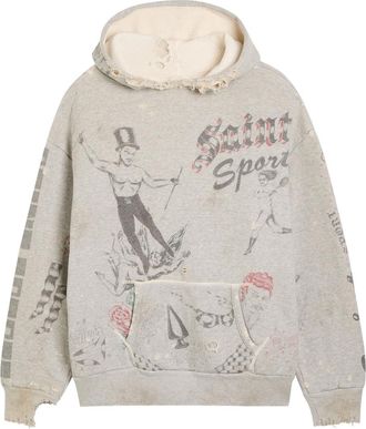 Saint Mxxxxxx Saint Mxxxxxx X Alexis Drawing Distressed Hooded Cotton Sweatshirt - Grey - XL
