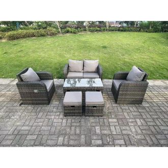 Fimous Dark Grey pe Wicker Rattan Garden Furniture Set Love Sofa Reclining Chair Outdoor Rectangular Coffee Table Stools 6 Seater - Fimous