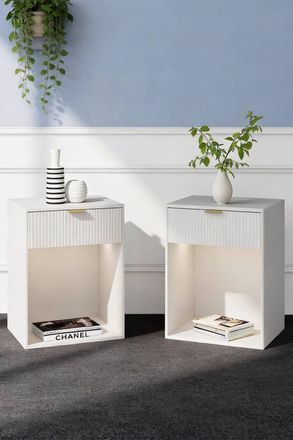 Living and Home 2Pcs Bedside Tables with Charging Station & RGB Light Strip in White