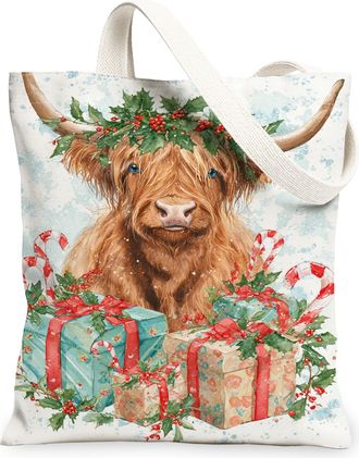 Generic Christmas Cow Canvas Tote Bags, Festive Animal Print Reusable Grocery Bags, Winter Vintage Linen Lightweight Washable Shoul, White, 13x15 Inch
