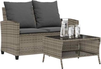 vidaXL Sof&aacute; Jard&iacute;n De 2 Plazas Con Coj&iacute;n Y Mesa Gris Rat&aacute;n Sint&eacute;tico Vidaxl