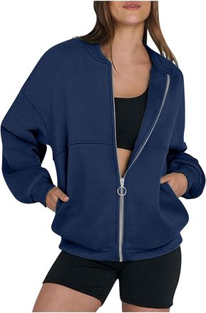 Generic Womens Sport Jacket Zip Up Oversized Sweatshirts Y2K Clothes Fall Outfits Long Sleeve Casual Hoodless Coat Open Front Candigans Streetwear Jackets Fal