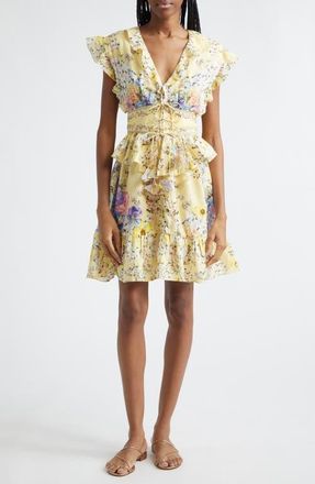Camilla Darling Buds Ruffle Waisted Linen Minidress at Nordstrom, Size X-Large