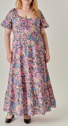 English Factory Floral Print Open Back Tie Maxi Dress in Pink Multi at Nordstrom, Size 3X