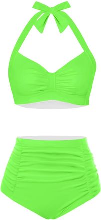 Holipick Women High Waisted Bikini Set Two Piece Swimsuit Tummy Control Bathing Suit Vintage Halter Swimwear, Neon Green, Large